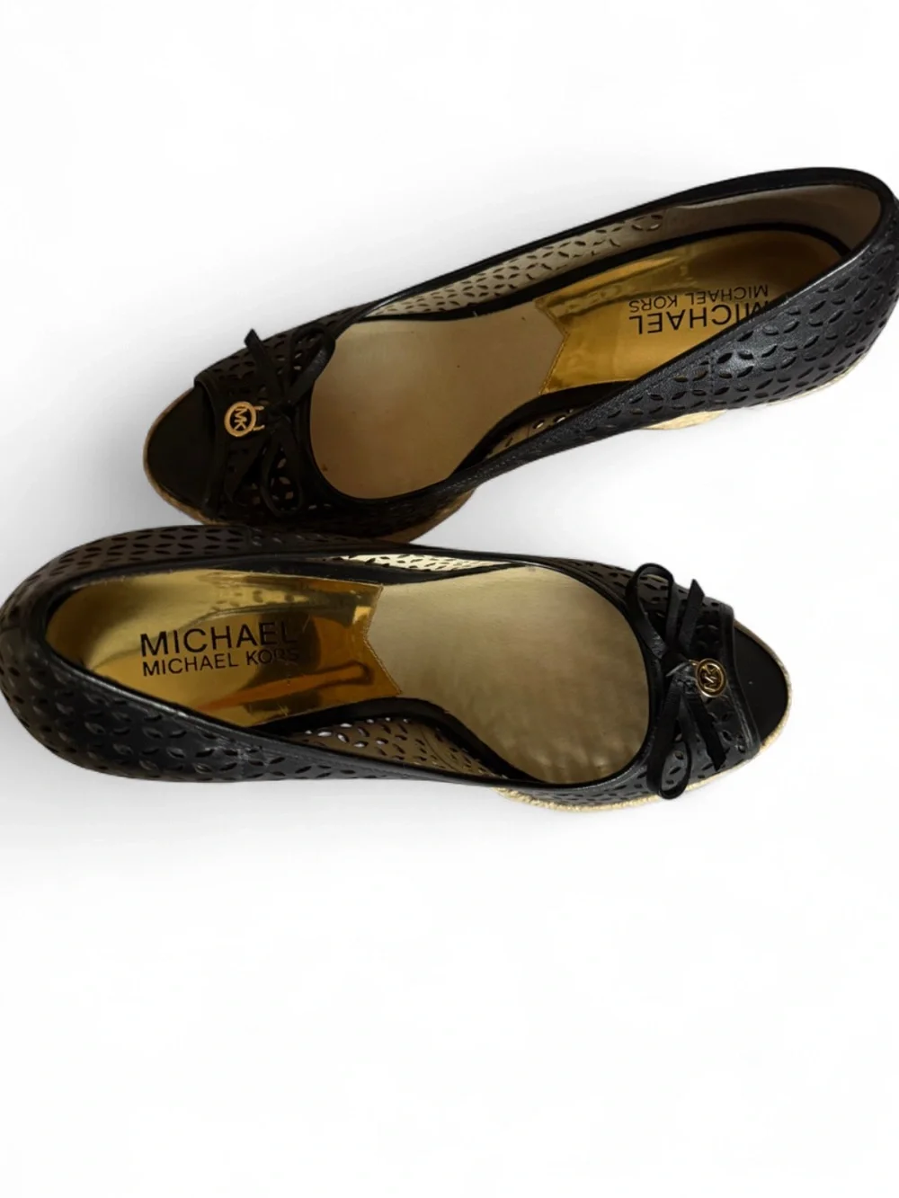 MICHAEL Michael Kors Black Perforated Peep-Toe Wedges with Gold Emblem